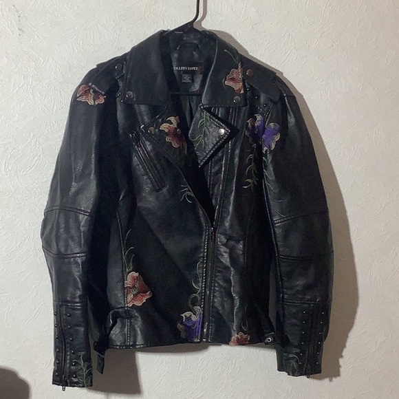 Colleen Lopez -Sz XL - Black F. Leather Jacket - Floral embroidery - black studs - Picture 3 of 12